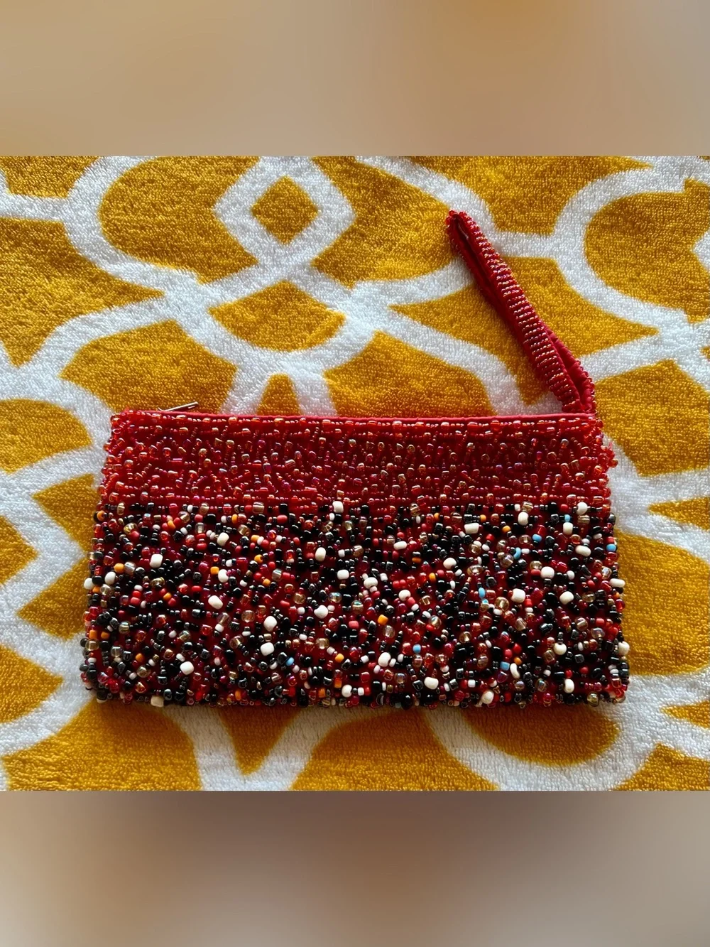 YOA Red Beaded Wristlet Pouch Zip Closure, Wrist Strap Party/Cocktail